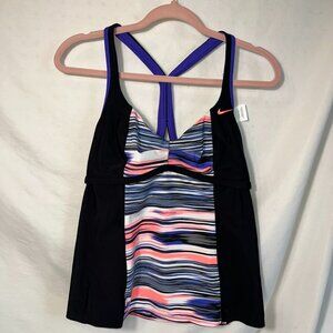 Nike Racerback Tankini /Swim Suit Top Sz 12 Black / Purple / Coral / Stripes